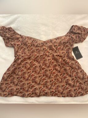 Volcom Women’s Floral Off-Shoulder Top - Beige with Red & Brown Print